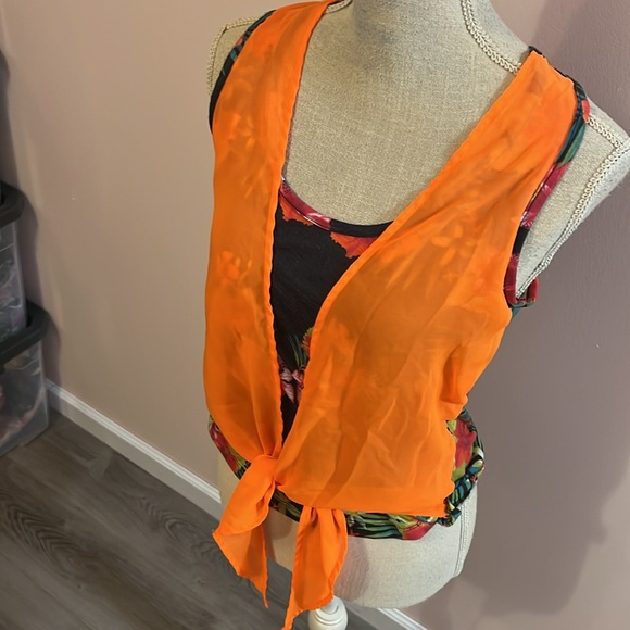 Women’s razor back neon orange tie front Hawaiian floral size L Bongo - Picture 5 of 6